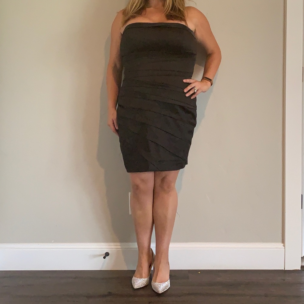 Calvin Klein Strapless Satin Pleated Detail Dress